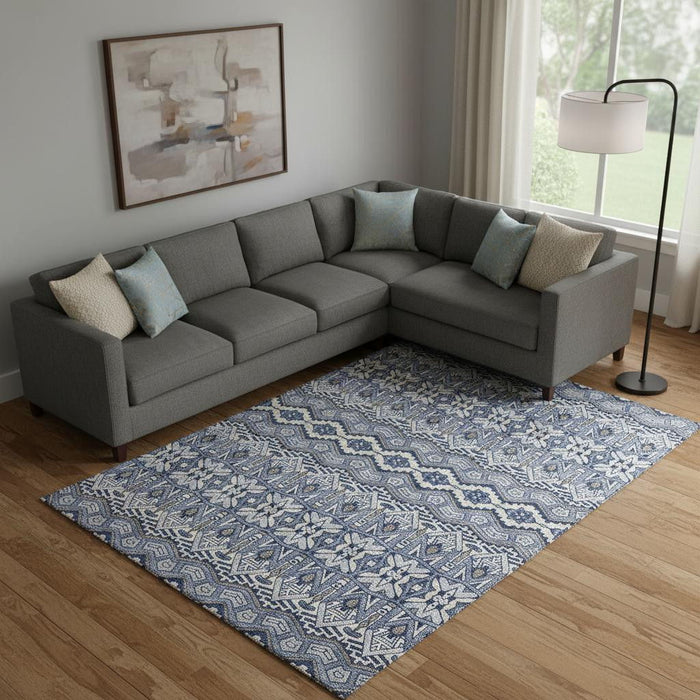 10' X 14' Moroccan Washable Area Rug With UV Protection (672266) - Denim Blue / Silver