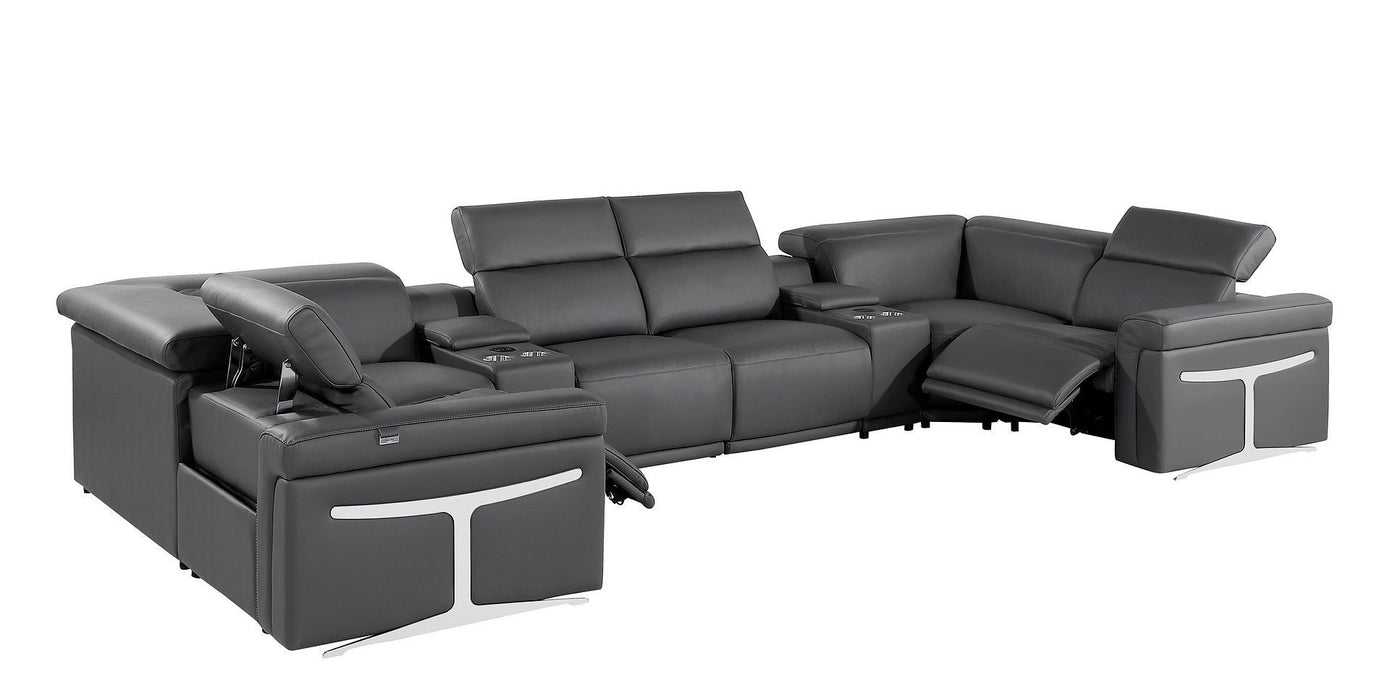 Leather Power Reclining U Shaped Eight Piece Corner Sectional With Console - Dark Gray