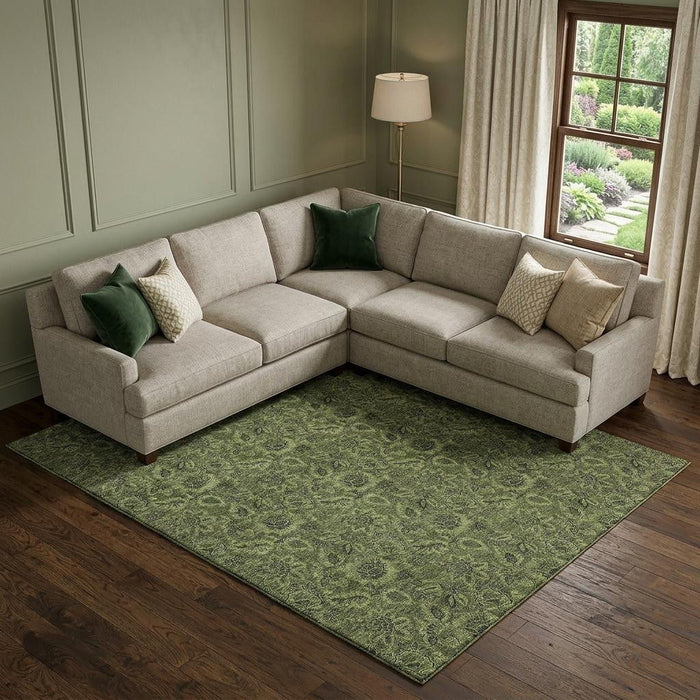 8' X 10' Floral Washable Area Rug With UV Protection (655076) - Olive Green / Charcoal