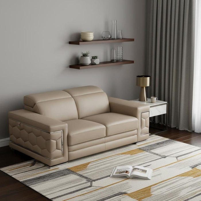 Genuine Leather Love Seat - Beige / Silver