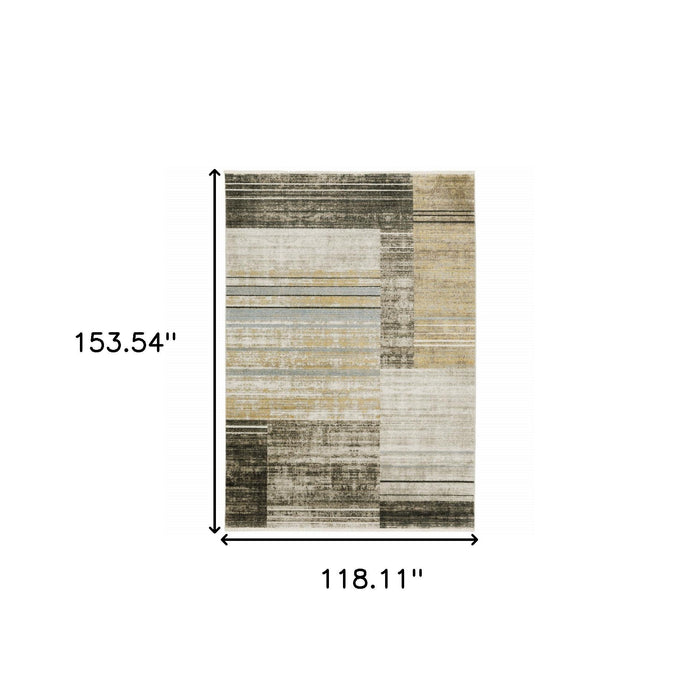 10' x 13' Geometric Power Loom Stain Resistant Area Rug With Fringe - Beige Charcoal Brown Gray Tan Gold And Blue