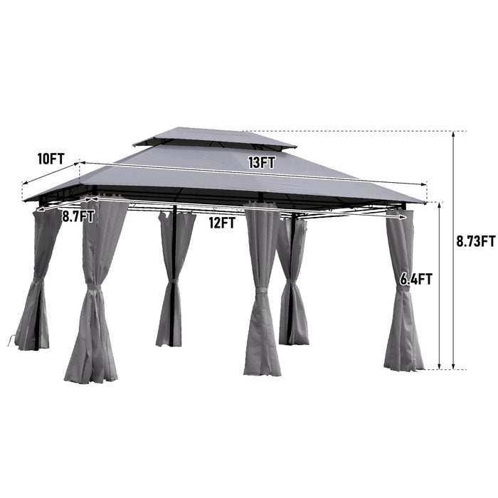 Gray Giga outdoor patio gazebo canopy with ventilated double roof, side wall, and detachable curtains, ideal for lawn and garden.