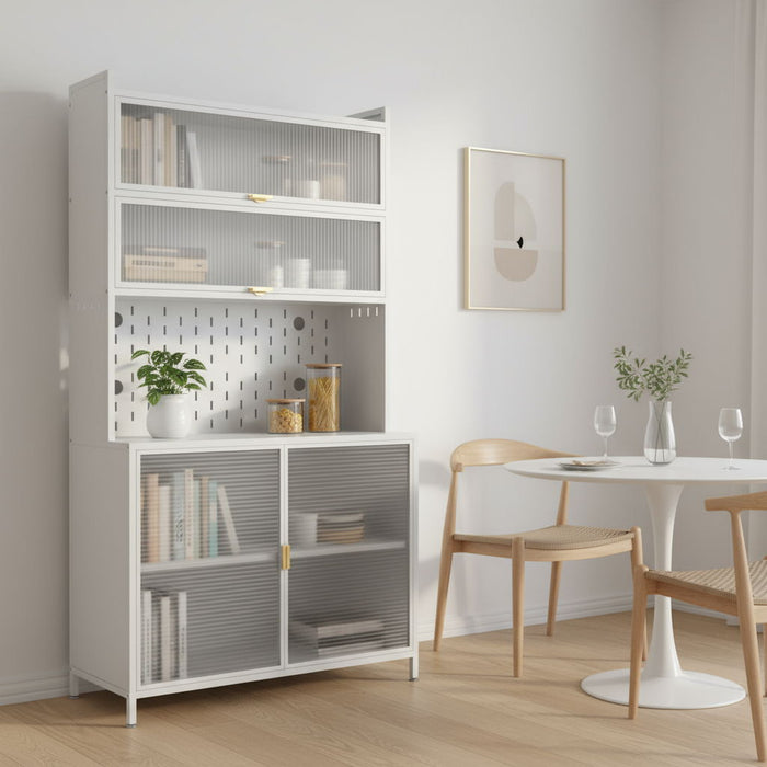 73" Stainless Steel Textured Door Dining Hutch With Two Doors - White