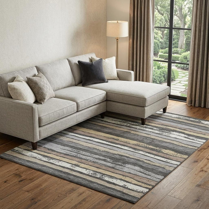 10' X 14' Striped Washable Area Rug With UV Protection (679995) - Charcoal / Gray / Beige