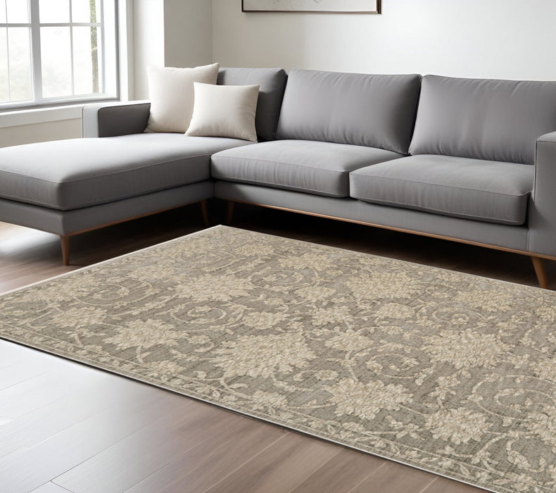 7' X 10' Floral Area Rug With Fringe - Gray And Beige