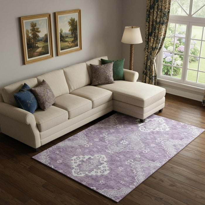 8' X 10' Medallion Washable Area Rug With UV Protection (667418) - Lavender / Ivory