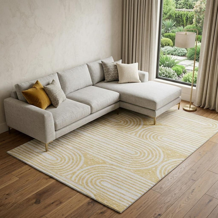 10' X 14' Geometric Distressed Washable Area Rug With UV Protection (648244) - Gold / Ivory