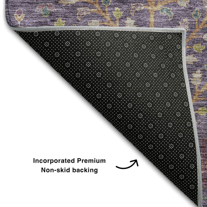 10' X 14' Floral Washable Area Rug With UV Protection (686921) - Eggplant / Orange / Green