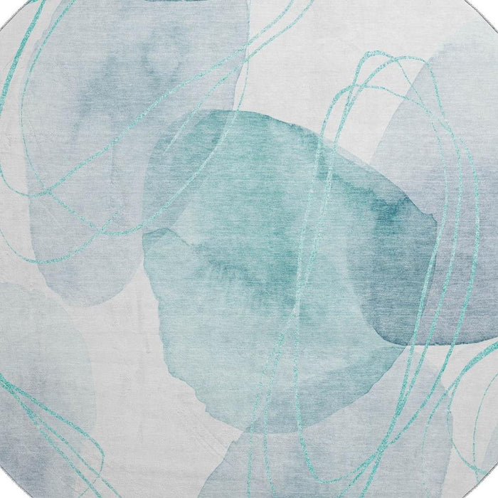8' Abstract Washable Round Rug With UV Protection (648439) - Teal / Ivory