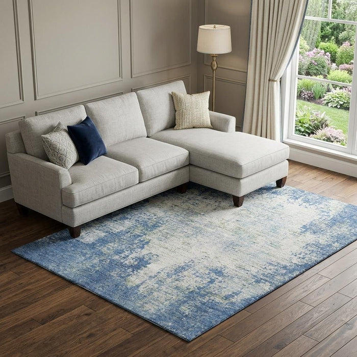 10' X 14' Abstract Washable Area Rug With UV Protection (674844) - Denim Blue / Ivory