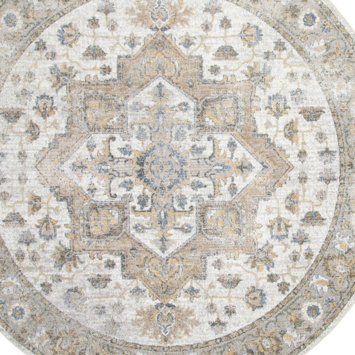 5' Floral Medallion Washable Round Rug (546932) - Beige / Gray