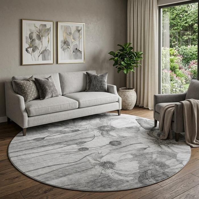 8' Floral Washable Round Rug With UV Protection (657302) - Gray / Silver
