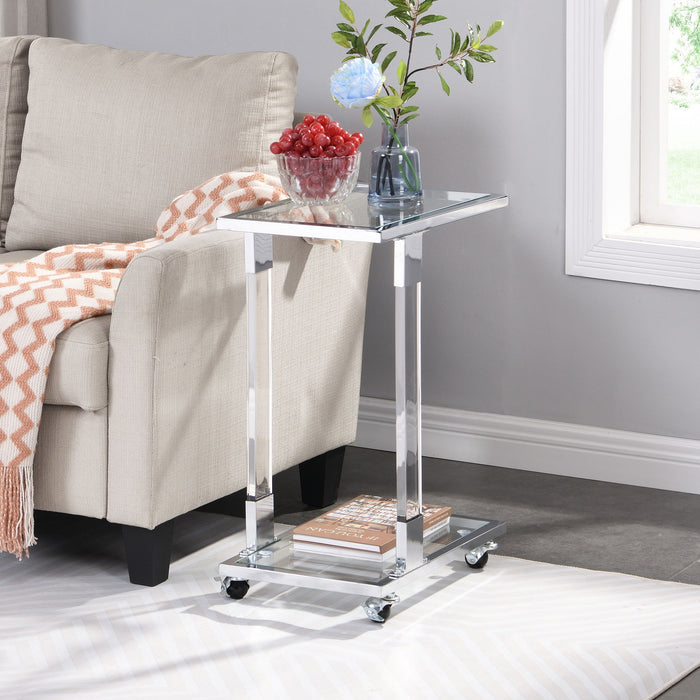 Giga glass top C-shape side table with metal base, square design for living room, bedroom, balcony, or office.