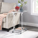 Giga glass top C-shape side table with metal base, square design for living room, bedroom, balcony, or office.