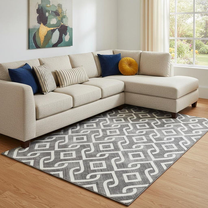 8' X 10' Geometric Washable Area Rug With UV Protection (652465) - Black / Ivory