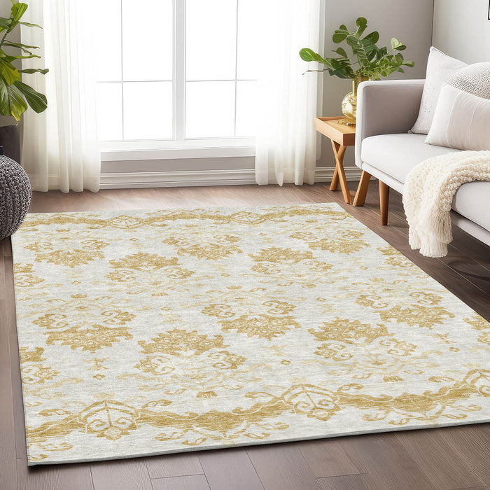 9' X 12' Medallion Washable Area Rug With UV Protection - Gold And Beige