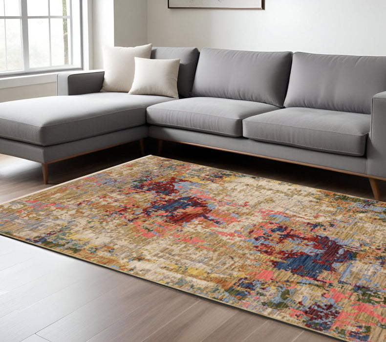 11' X 8' Abstract Area Rug With Fringe - Beige / Tan