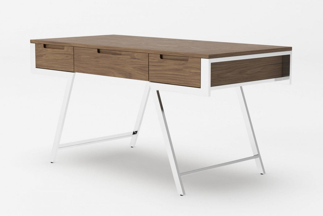 Rectangular Writing Desk With Three Drawers - Walnut And Chrome
