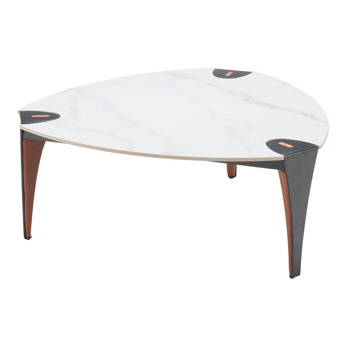 36" Sinte Stone Faux Leather And Steel Triangle Coffee Table - White And Black