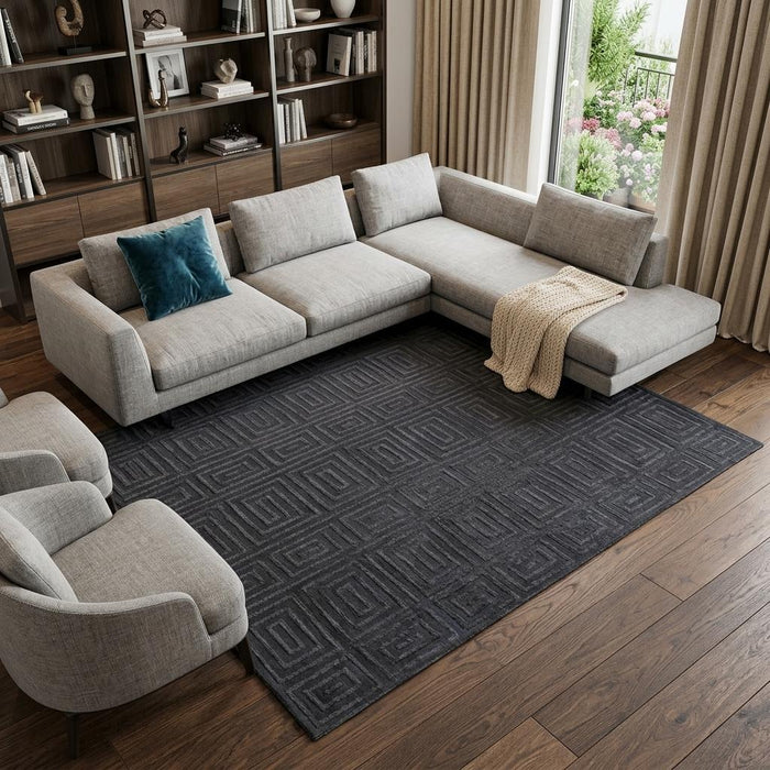 8' X 10' Wool Geometric Hand Knotted Area Rug (744252) - Gray / Black