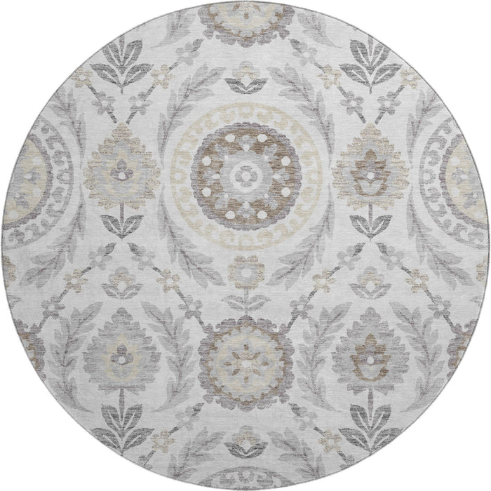 8' Floral Washable Round Rug With UV Protection - Silver And Beige
