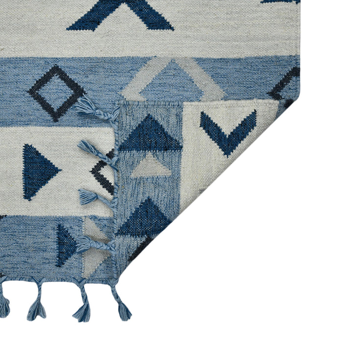 8' X 10' Wool Tribal Flatweave Handmade Area Rug With Fringe - Sky Blue