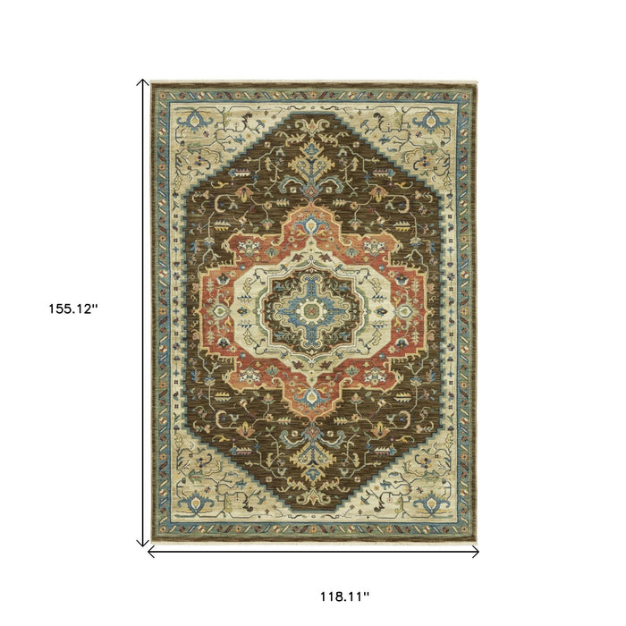10' X 13' Oriental Area Rug With Fringe - Brown And Orange