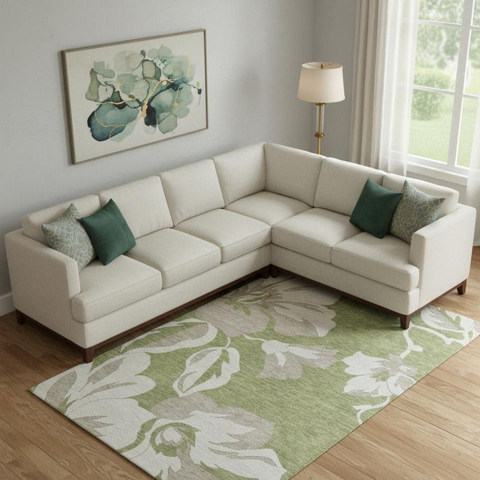 10' X 14' Floral Washable Area Rug With UV Protection (668005) - Olive Green / Gray