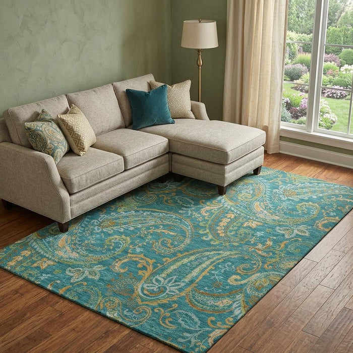 9' X 12' Paisley Distressed Washable Area Rug With UV Protection (648009) - Teal / Green / Gold