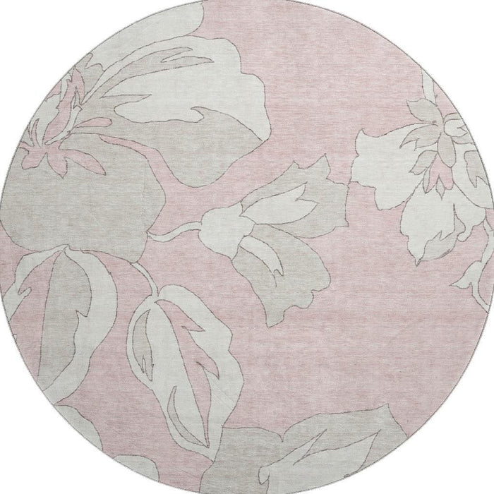 8' Floral Washable Round Rug With UV Protection (668008) - Pink / Ivory
