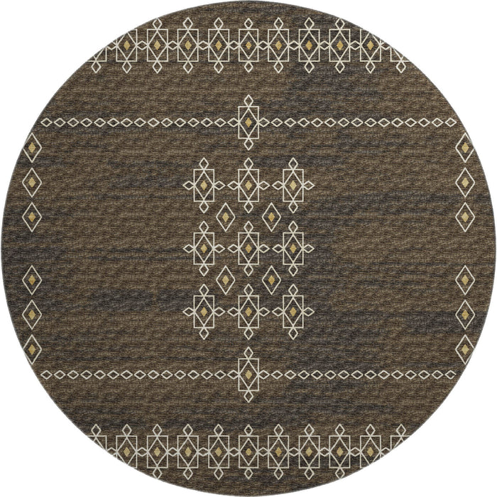 8' Tribal Washable Round Rug With UV Protection (644817) - Brown / Ivory / Gold