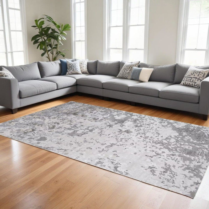 12' x 18' Abstract Polyester Area Rug - Silver Gray And White