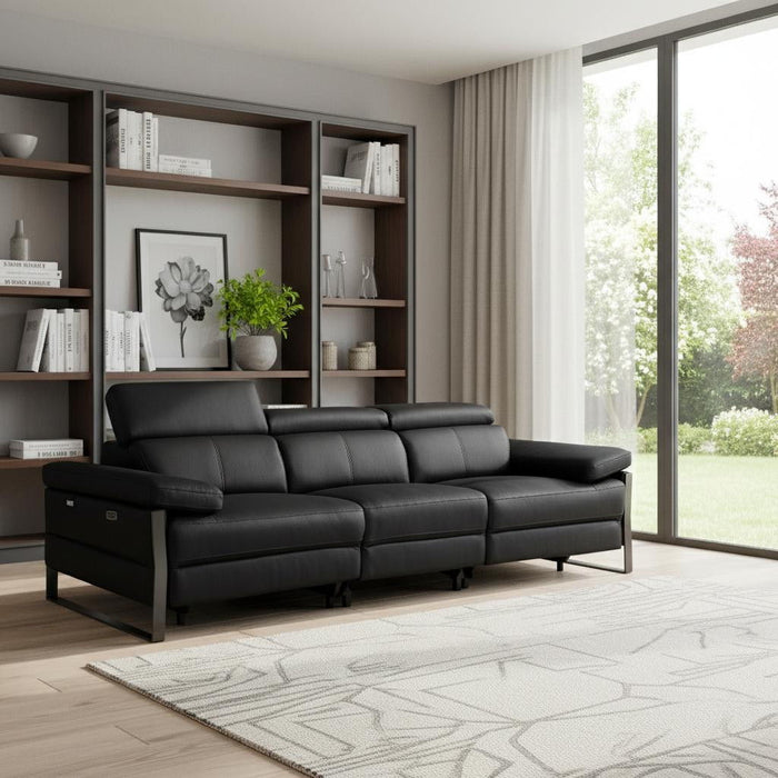 Top Grain Leather Reclining Metal USB Sofa (720334) - Black