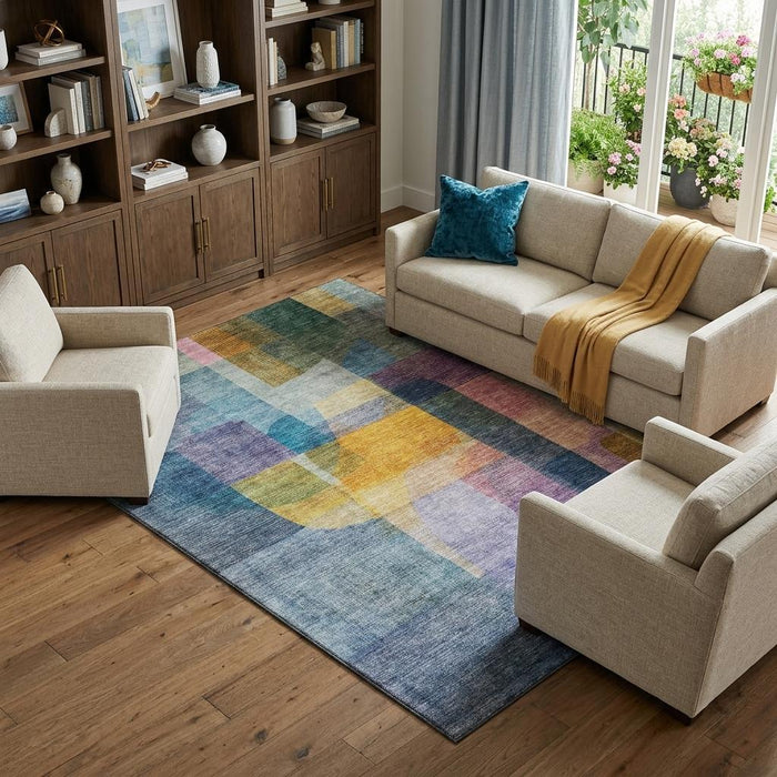 10' X 14' Abstract Washable Area Rug With UV Protection (684672) - Blue / Gold / Purple