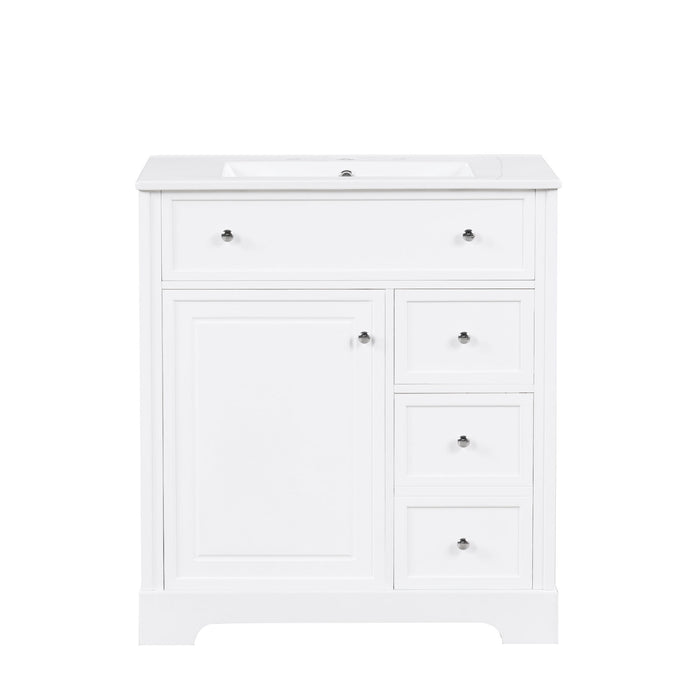 White Giga bathroom vanity with sink top, cabinet door, and two drawers, ideal for modern bathroom storage and decor.