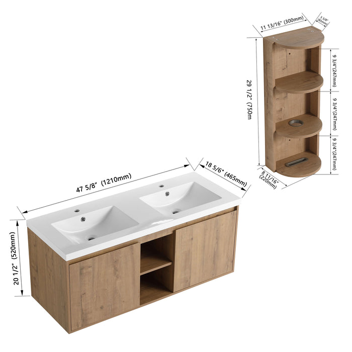 Giga 48-inch wall-mounted bathroom vanity with double resin sinks, storage rack, soft-close doors, plywood construction, in imitation oak finish.