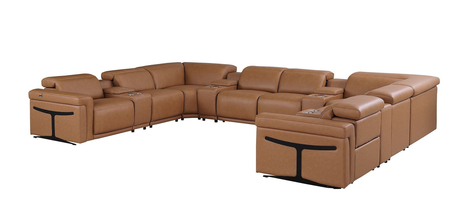 Italian Leather Power Reclining U Shaped Twelve Piece Sectional With Console - Chestnut