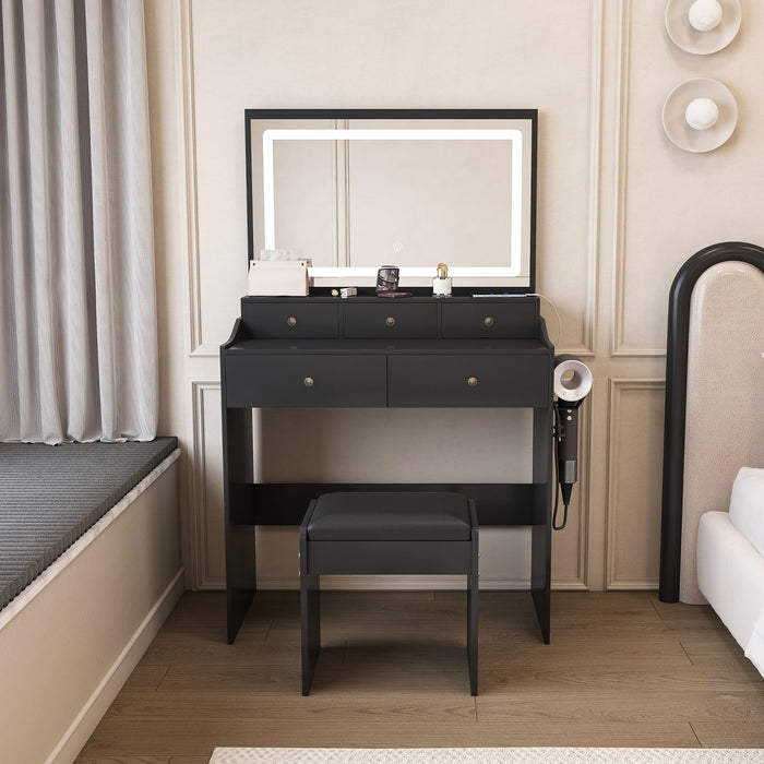 Modern Giga makeup vanity set with adjustable lighting, power outlet, and hair dryer holder, featuring sleek design and mirror.