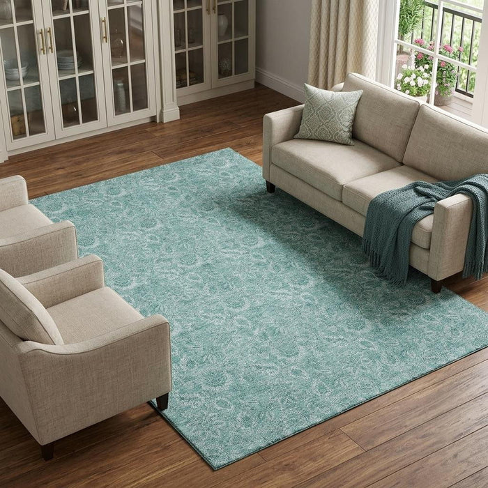 10' X 14' Floral Washable Area Rug With UV Protection (655156) - Teal / Ivory
