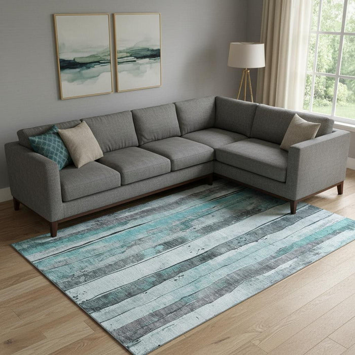 10' X 14' Striped Washable Area Rug With UV Protection (706487) - Teal / Gray