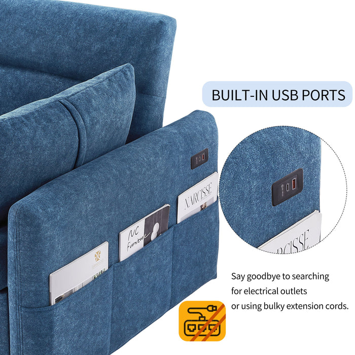 Giga pull-out sleeper sofa with adjustable backrest, storage pockets, two pillows, and USB ports for living room or bedroom.