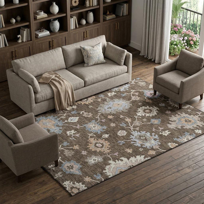 10' X 14' Floral Washable Area Rug With UV Protection (688480) - Chocolate / Blue / Beige