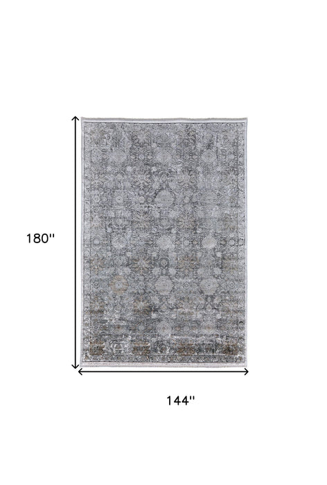 12' x 15' Damask Power Loom Worn Faded Area Rug - Gray And Silver