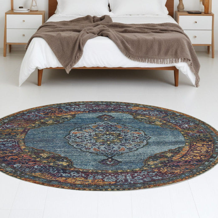 8' Round Oriental Power Loom Area Rug - Blue And Beige