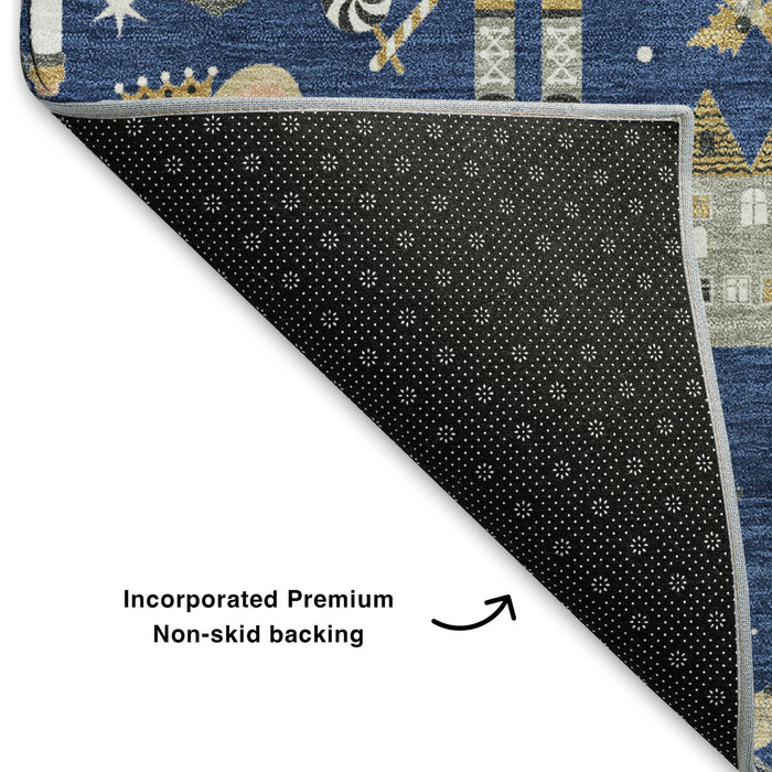 10' X 14' Floral Washable Area Rug With UV Protection (702461) - Navy Blue / Gold / Gray