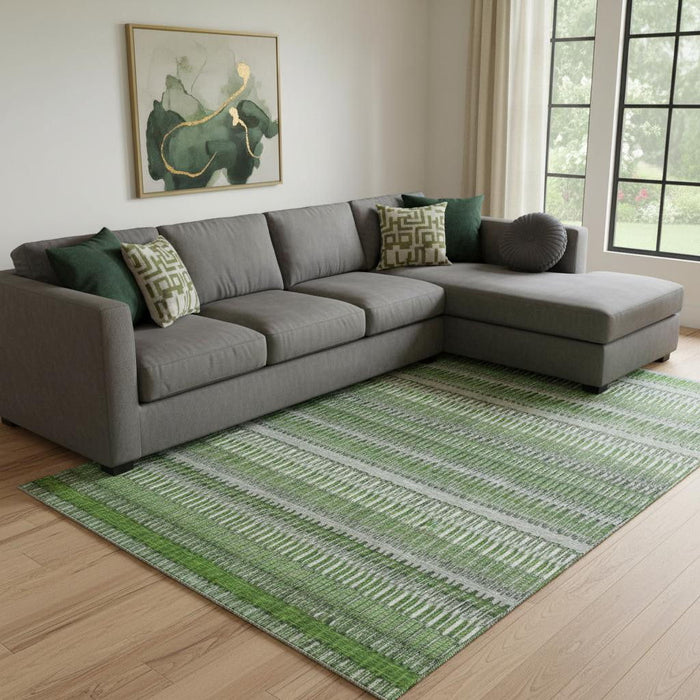 10' X 14' Striped Washable Area Rug With UV Protection (650476) - Green / Ivory / Gray