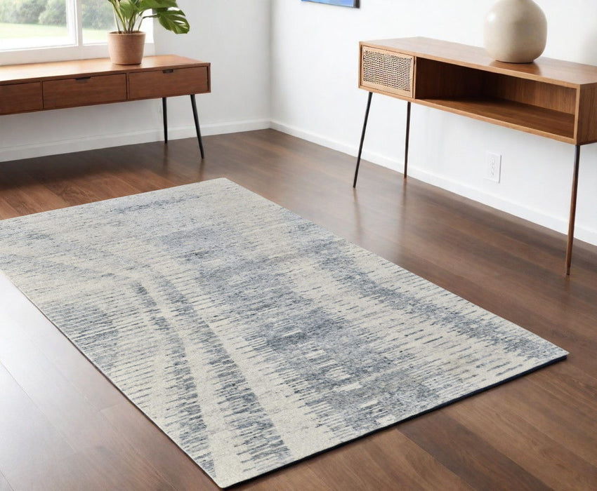 4' x 6' Abstract Hand Knotted Worn Faded Area Rug - Ivory Gray And Blue