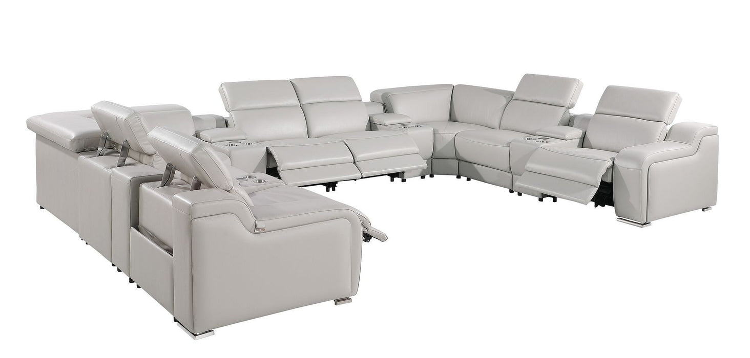 Italian Leather Power Reclining U Shaped Twelve Piece Corner Sectional With Console - Light Gray