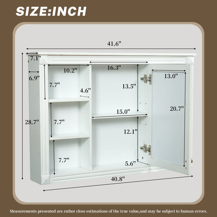 Giga wall-mounted bathroom medicine cabinet with mirror, six open shelves, adjustable interior, in white finish.