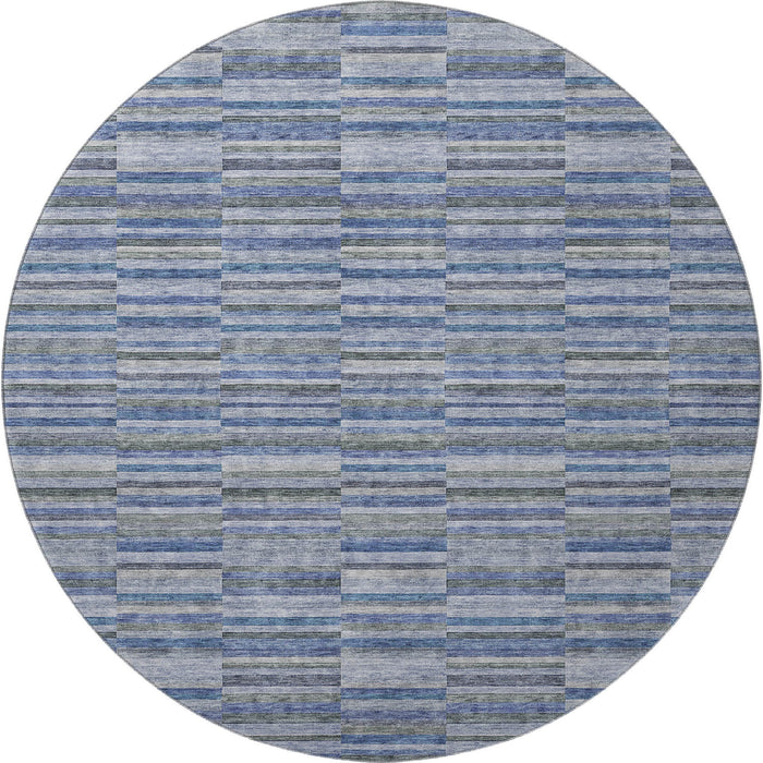 8' Transitional Striped Washable Round Rug With UV Protection - Navy Blue / Gray